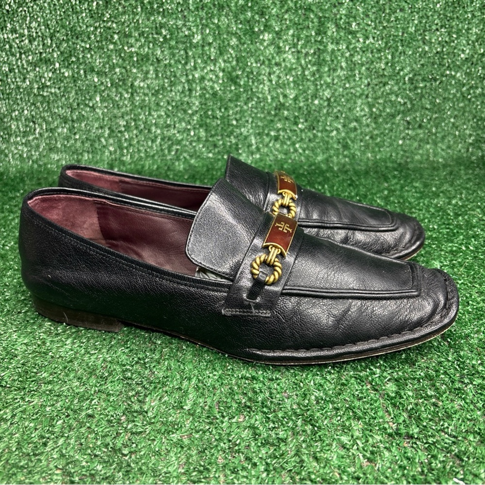 Tory Burch Black Leather Loafers with Gold-Tone Bit 10.5 FITS LIKE 11-11.5